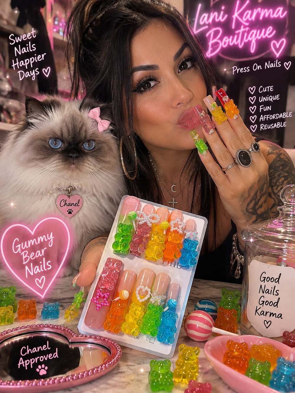 Gummy Bear Press On Nails Sz.M/Medium w/Colorful 3D Charms 4.0/lonnng